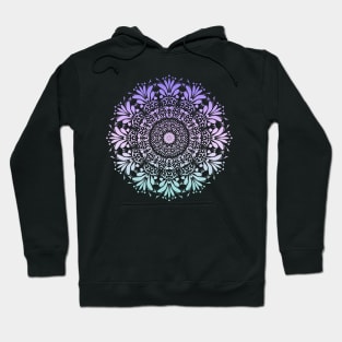 Purple and Teal Ombre Floral Leaf Mandala Flower on Black Hoodie